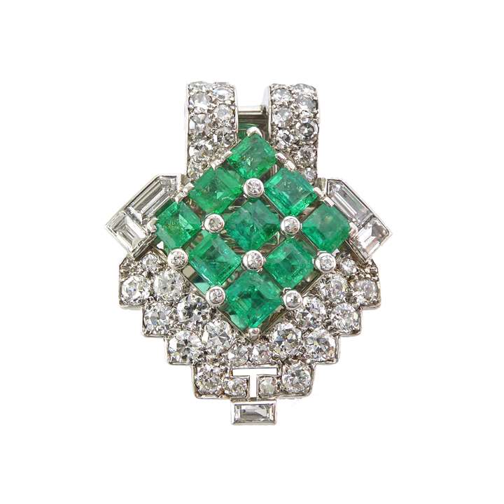Art Deco emerald and diamond arrowhead clip brooch